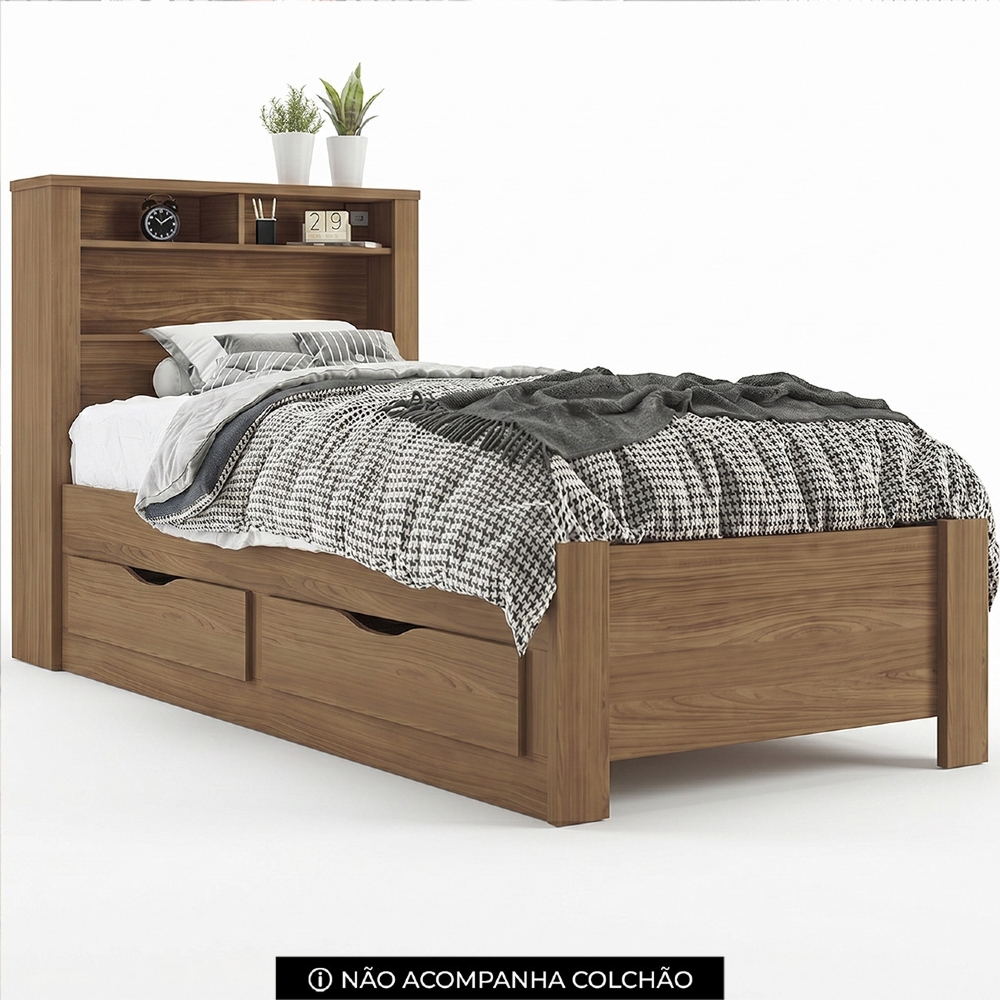 Cama Solteiro Para Colchão 188x88cm Com 2 Gavetas e Nichos Zuri Jatobá S01 - Mpozenato