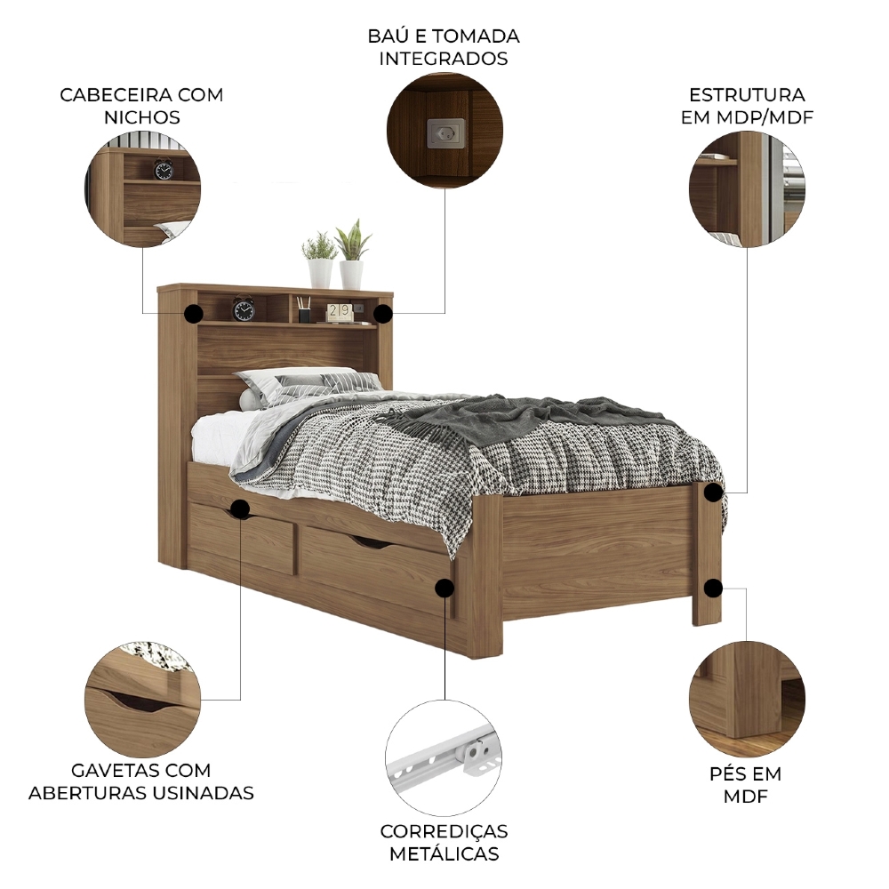 Cama Solteiro Para Colchão 188x88cm Com 2 Gavetas e Nichos Zuri Jatobá S01 - Mpozenato