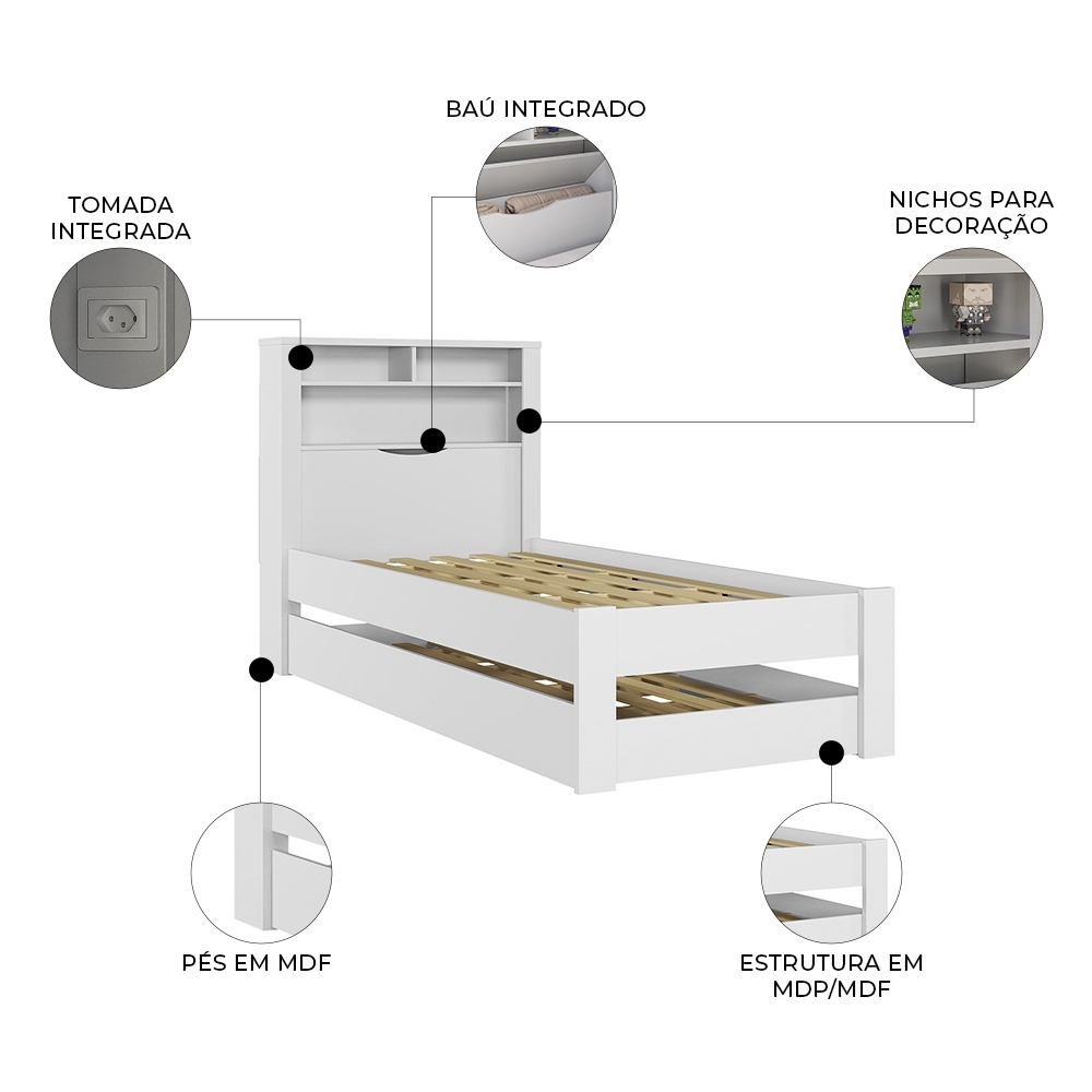 Cama Solteiro Infantil Com Auxiliar e Nicho 188x88cm Zuri Branco S01 - Mpozenato