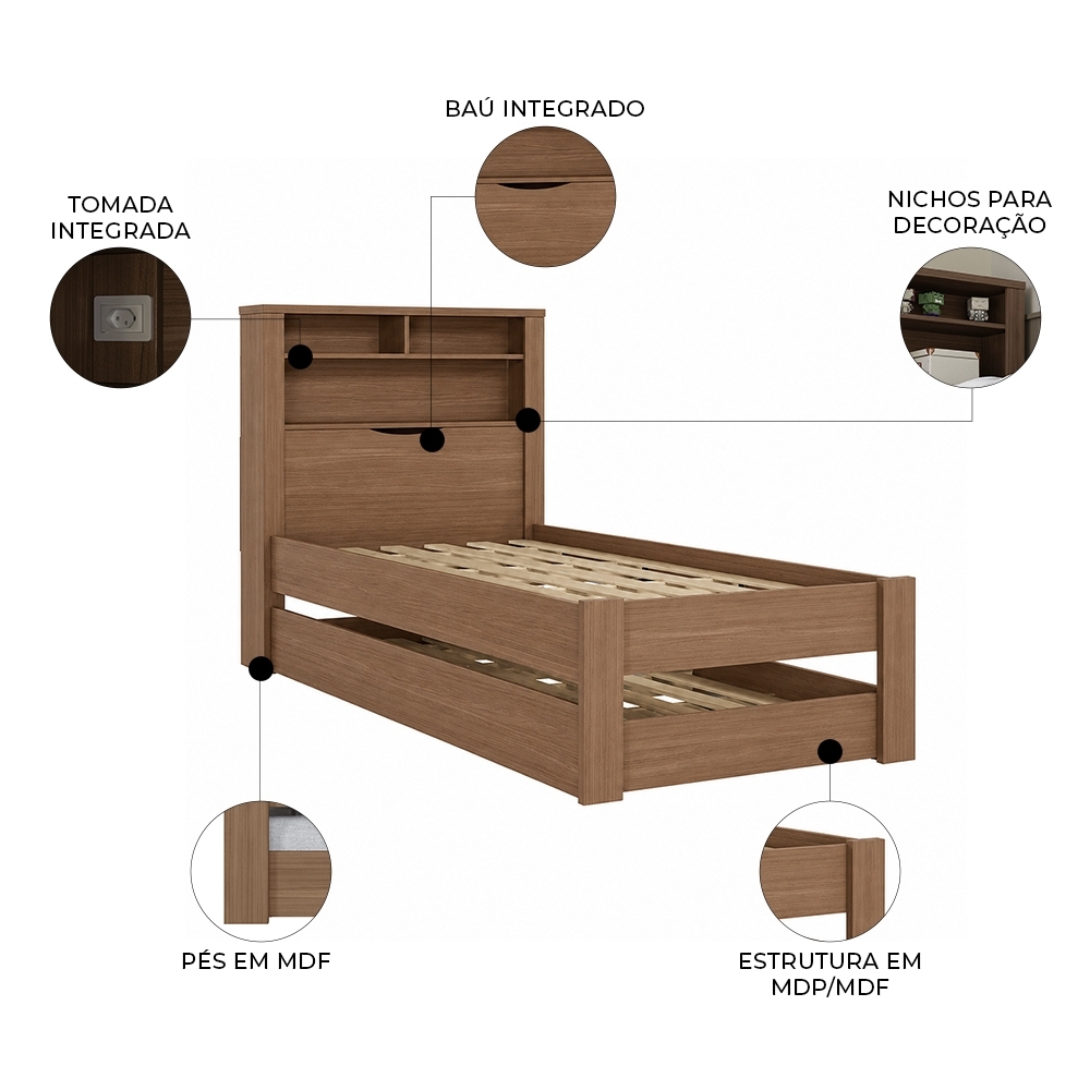 Cama Solteiro Infantil Com Auxiliar e Nicho 188x88cm Zuri Jatobá S01 - Mpozenato