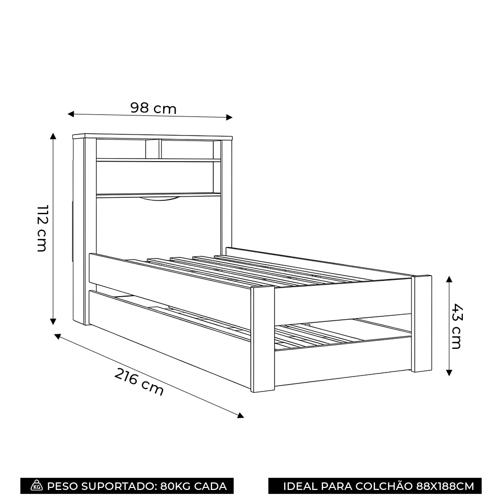 Cama Solteiro Infantil Com Auxiliar e Nicho 188x88cm Zuri Jatobá S01 - Mpozenato
