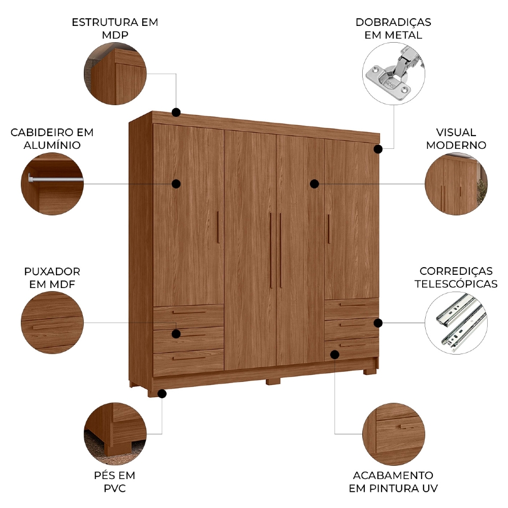 Guarda Roupa Casal 192cm 4 Portas 6 Gavetas Itajaí Jatobá S01 - Mpozenato