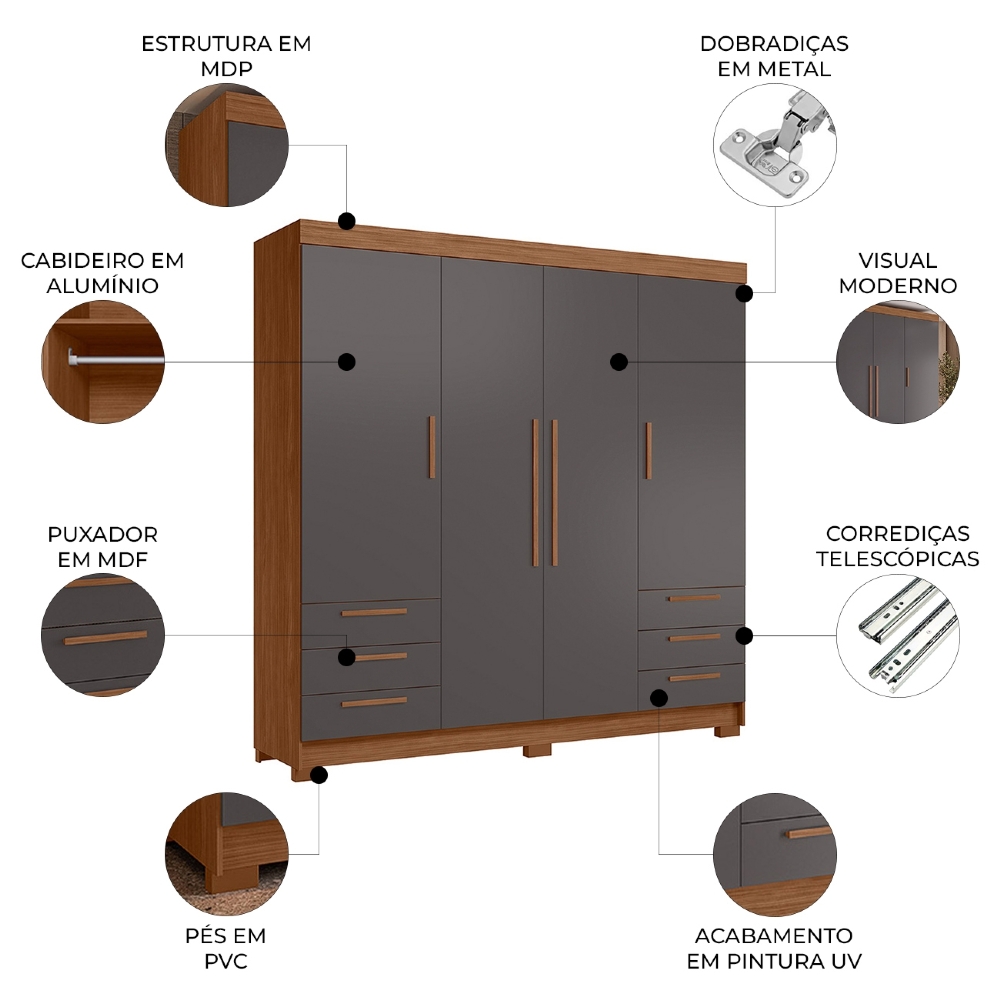 Guarda Roupa Casal 192cm 4 Portas 6 Gavetas Itajaí Jatobá/Grafite S01 - Mpozenato
