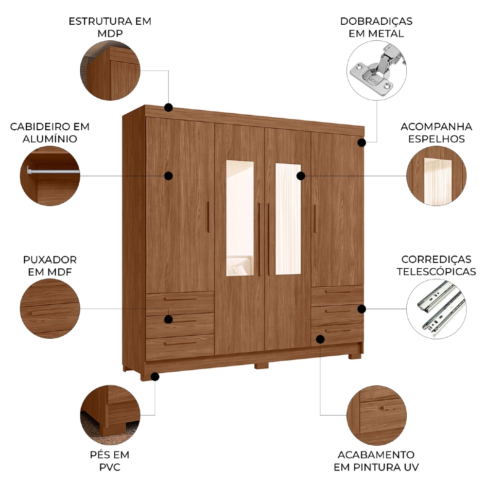 Guarda Roupa Casal 192cm 4 Portas Com Espelho Itajaí Jatobá S01 - Mpozenato