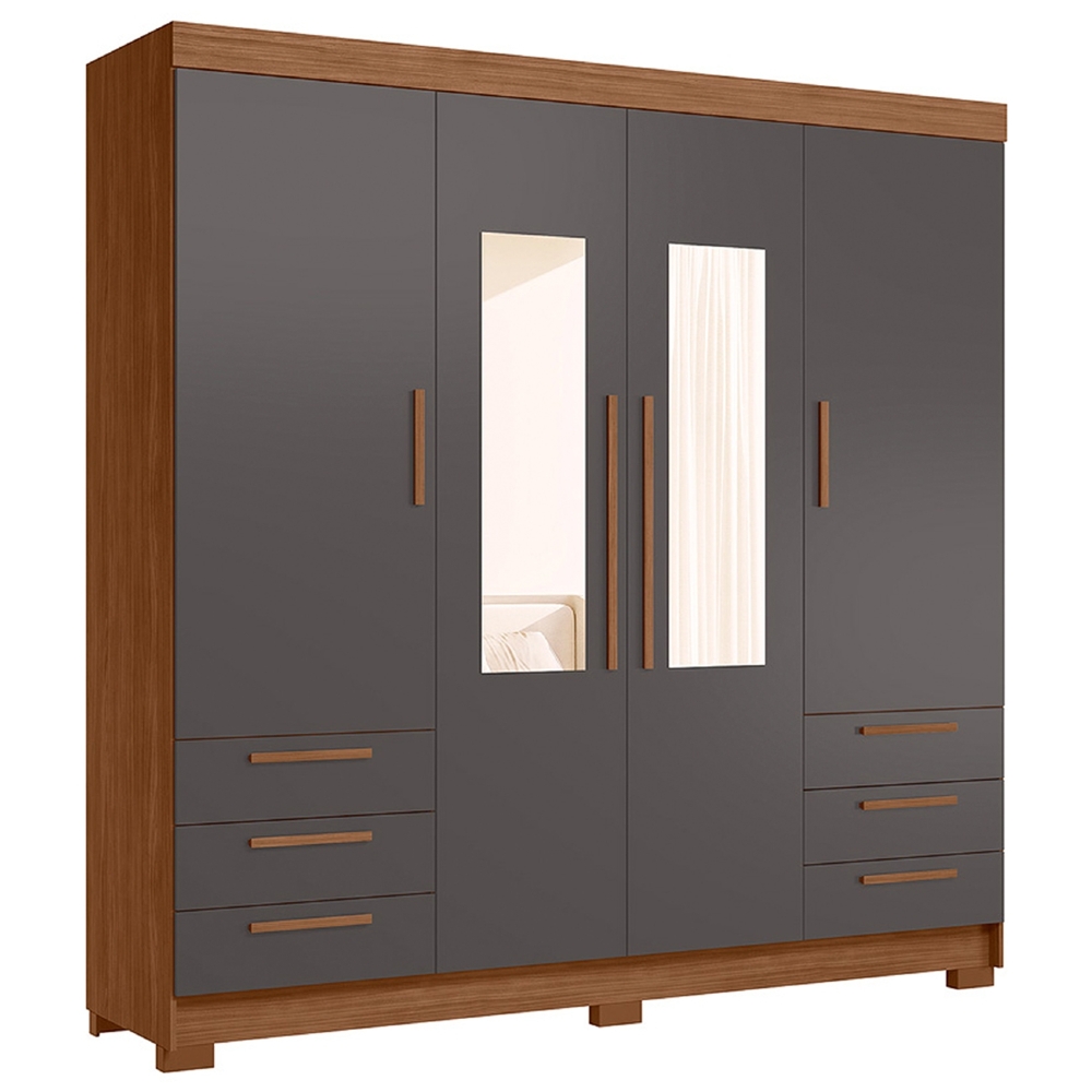 Guarda Roupa Casal 192cm 4 Portas Com Espelho Itajaí Jatobá/Grafite S01 - Mpozenato