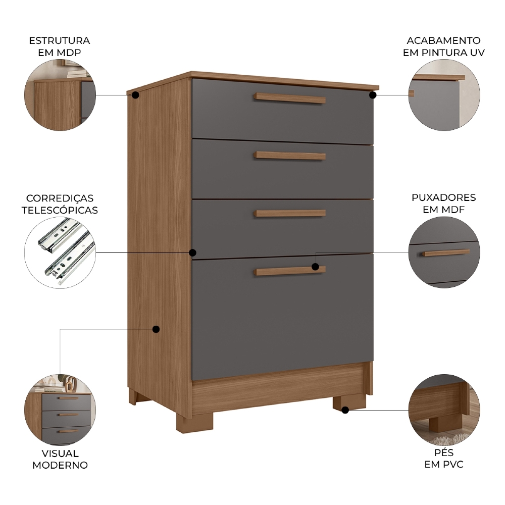 Cômoda Quarto 67cm 4 Gavetas Nayra Jatobá/Grafite S01 - Mpozenato