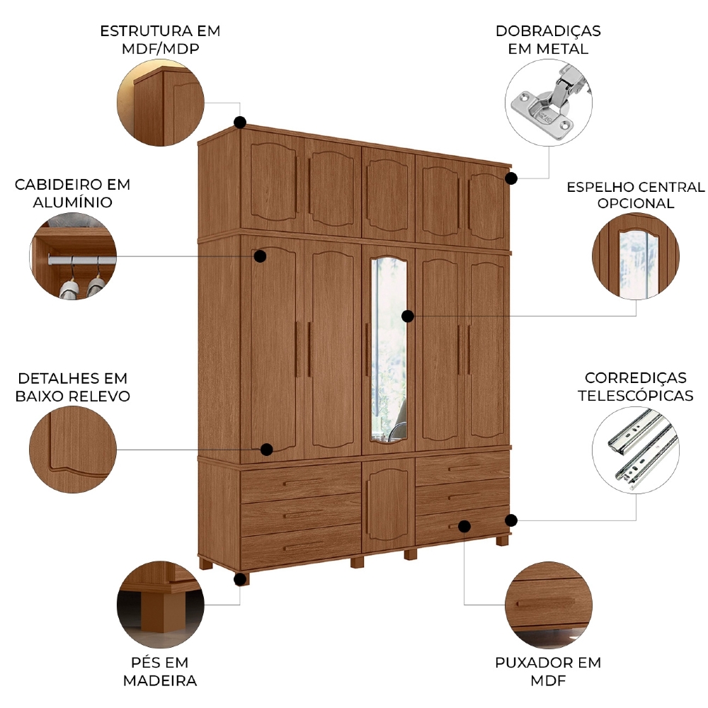 Guarda Roupa Casal 192cm 11 Portas Com Espelho Tóquio Jatobá S01 - Mpozenato