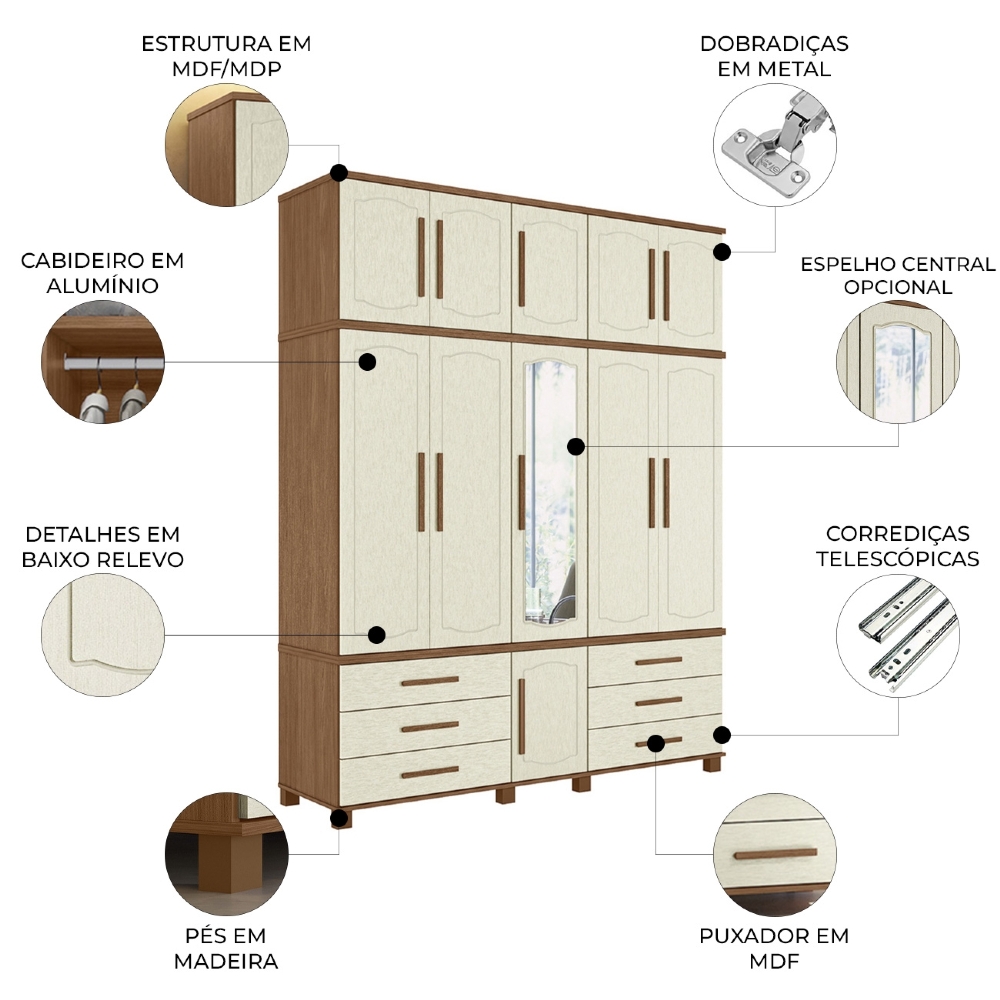 Guarda Roupa Casal 192cm 11 Portas Com Espelho Tóquio Jatobá/Areia S01 - Mpozenato
