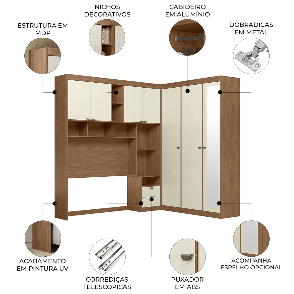 Guarda Roupa Casal Modulado 140cm Com Espelho Vincenzo Jatobá/Areia S01 - Mpozenato