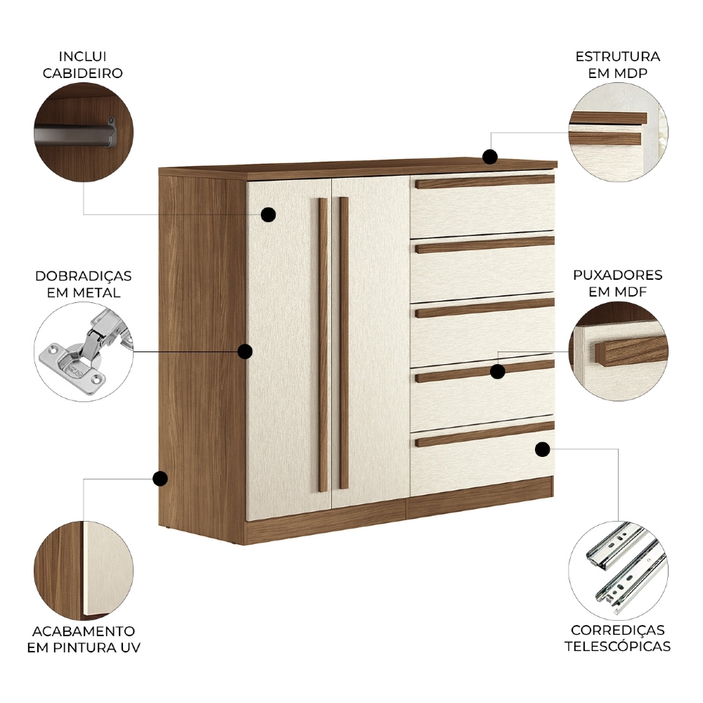 Cômoda Quarto 131cm 5 Gavetas 2 Portas Valenza Jatobá/Areia S01 - Mpozenato
