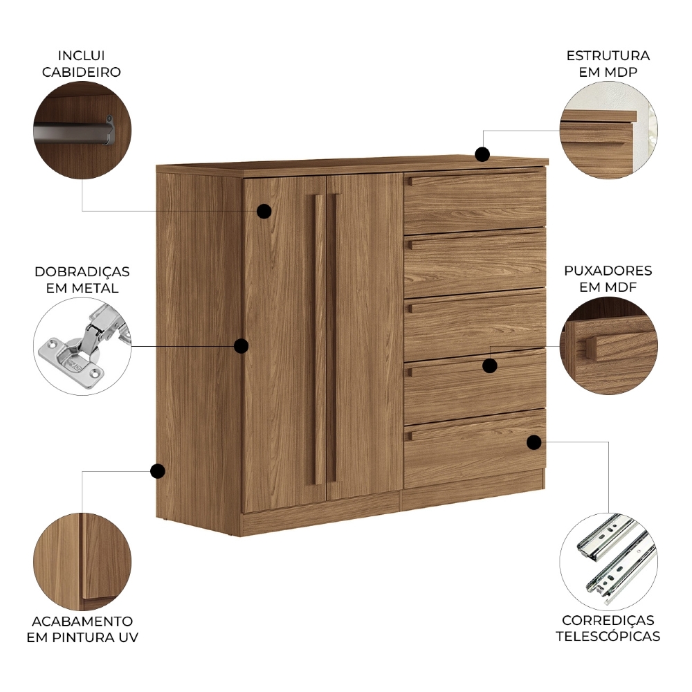 Cômoda Quarto 131cm 5 Gavetas 2 Portas Valenza Jatobá S01 - Mpozenato