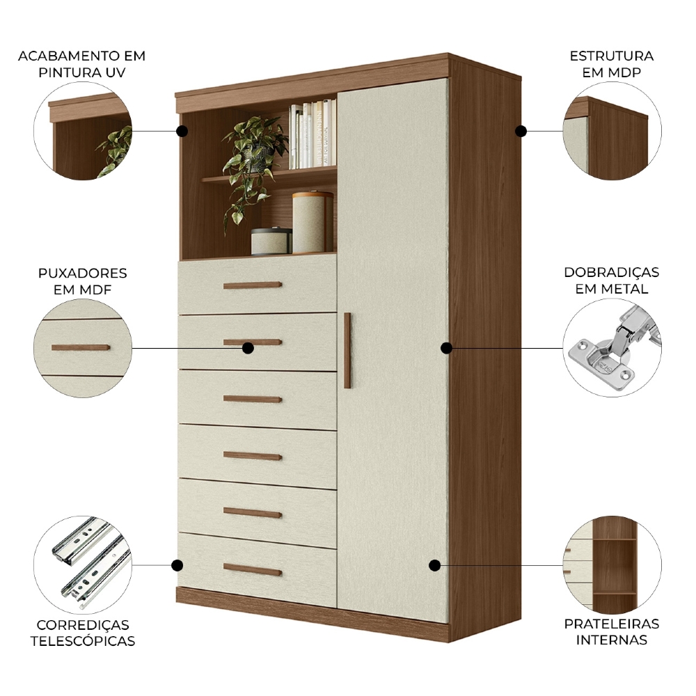 Cômoda Multiuso 6 Gavetas 1 Porta 96cm Guaíra Jatobá/Areia S01 - Mpozenato