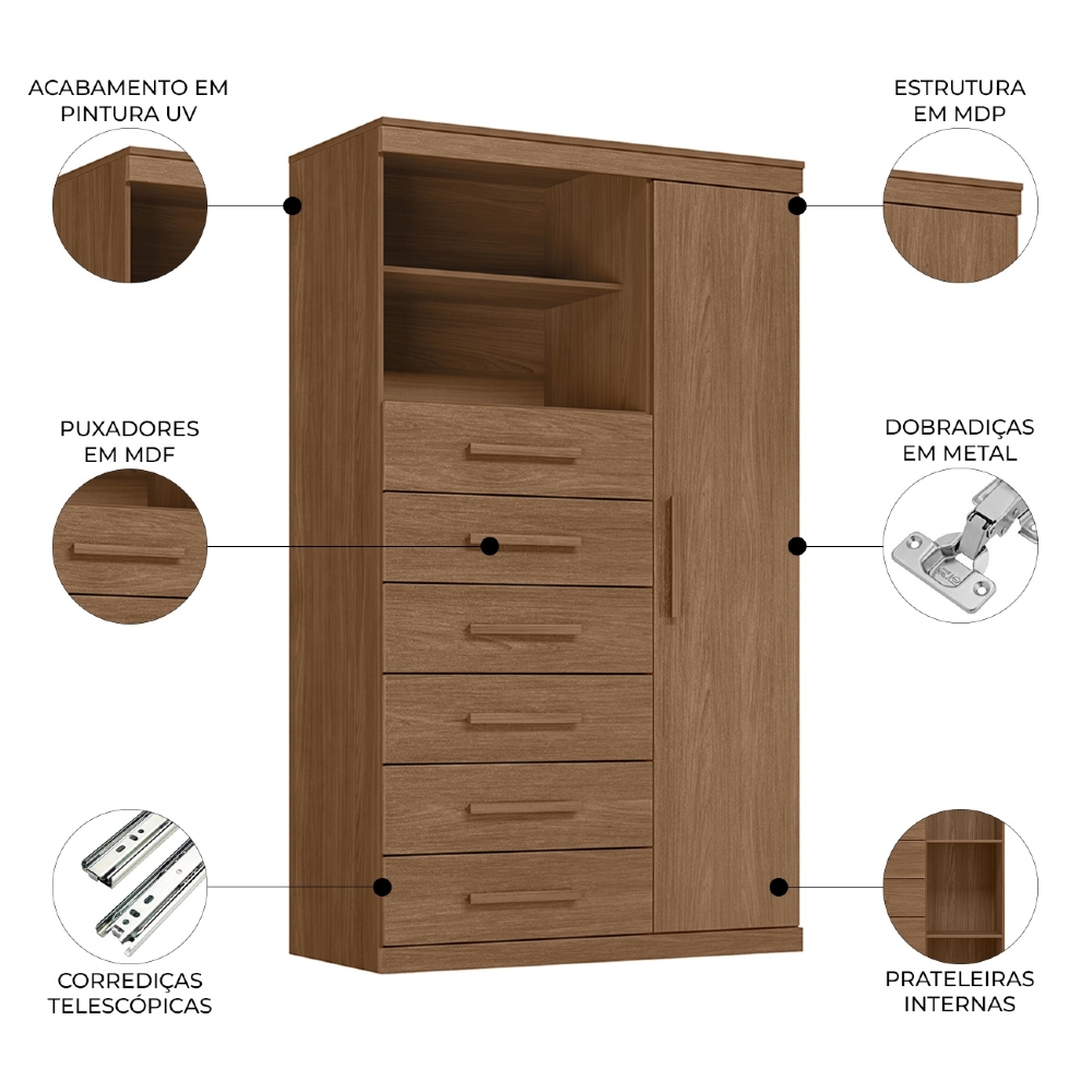 Cômoda Multiuso 6 Gavetas 1 Porta 96cm Guaíra Jatobá S01 - Mpozenato