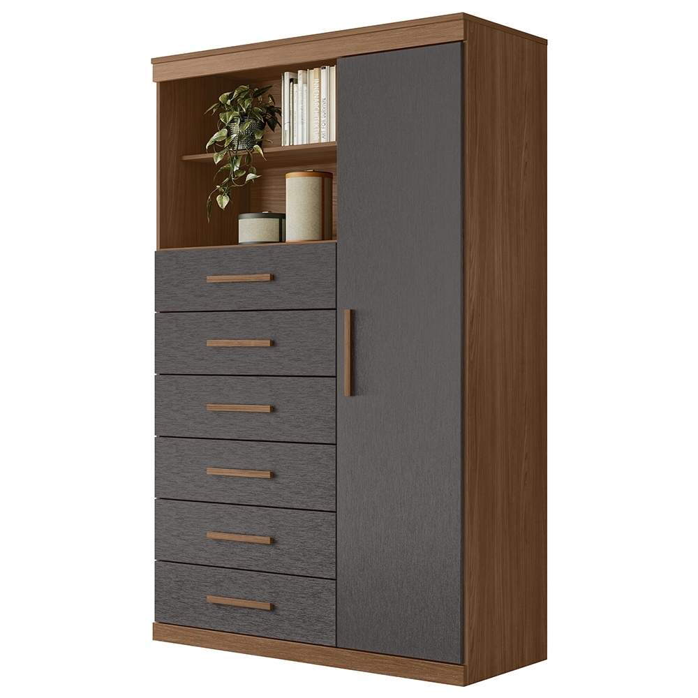 Cômoda Multiuso 6 Gavetas 1 Porta 96cm Guaíra Jatobá/Grafite S01 - Mpozenato
