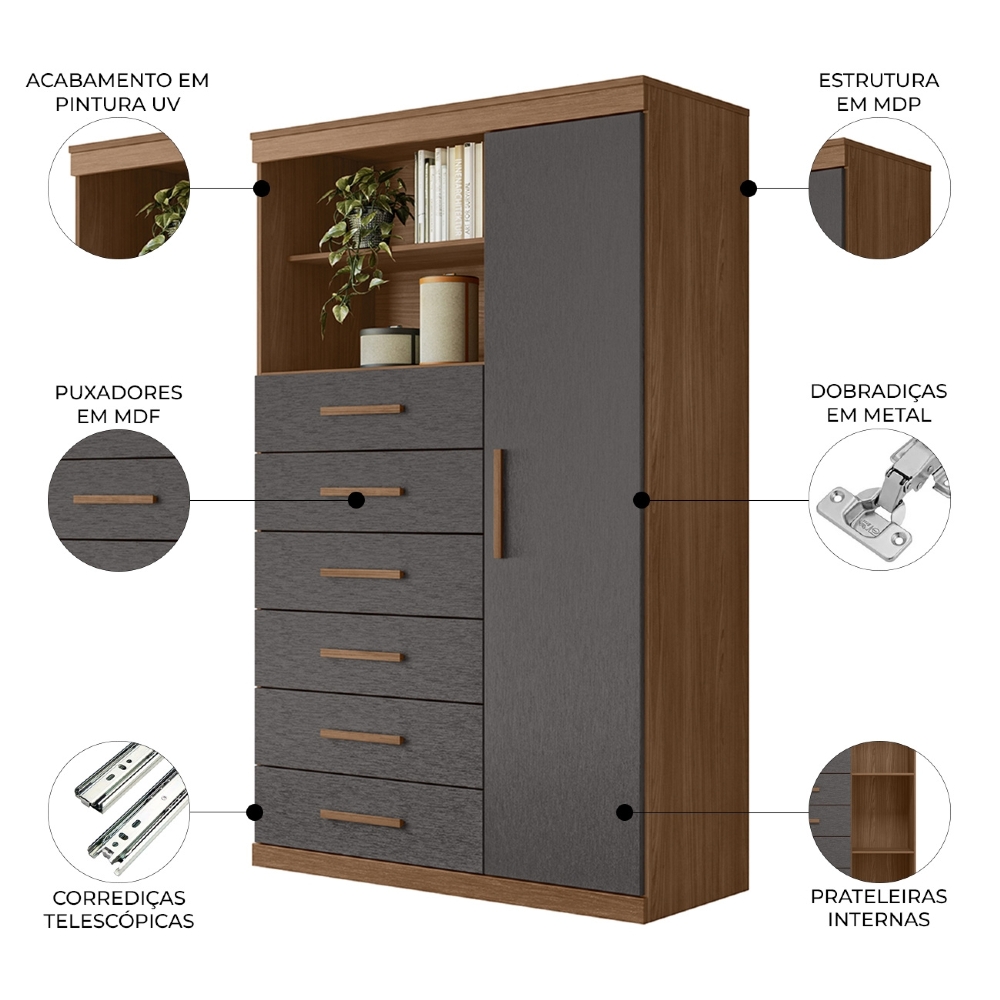 Cômoda Multiuso 6 Gavetas 1 Porta 96cm Guaíra Jatobá/Grafite S01 - Mpozenato