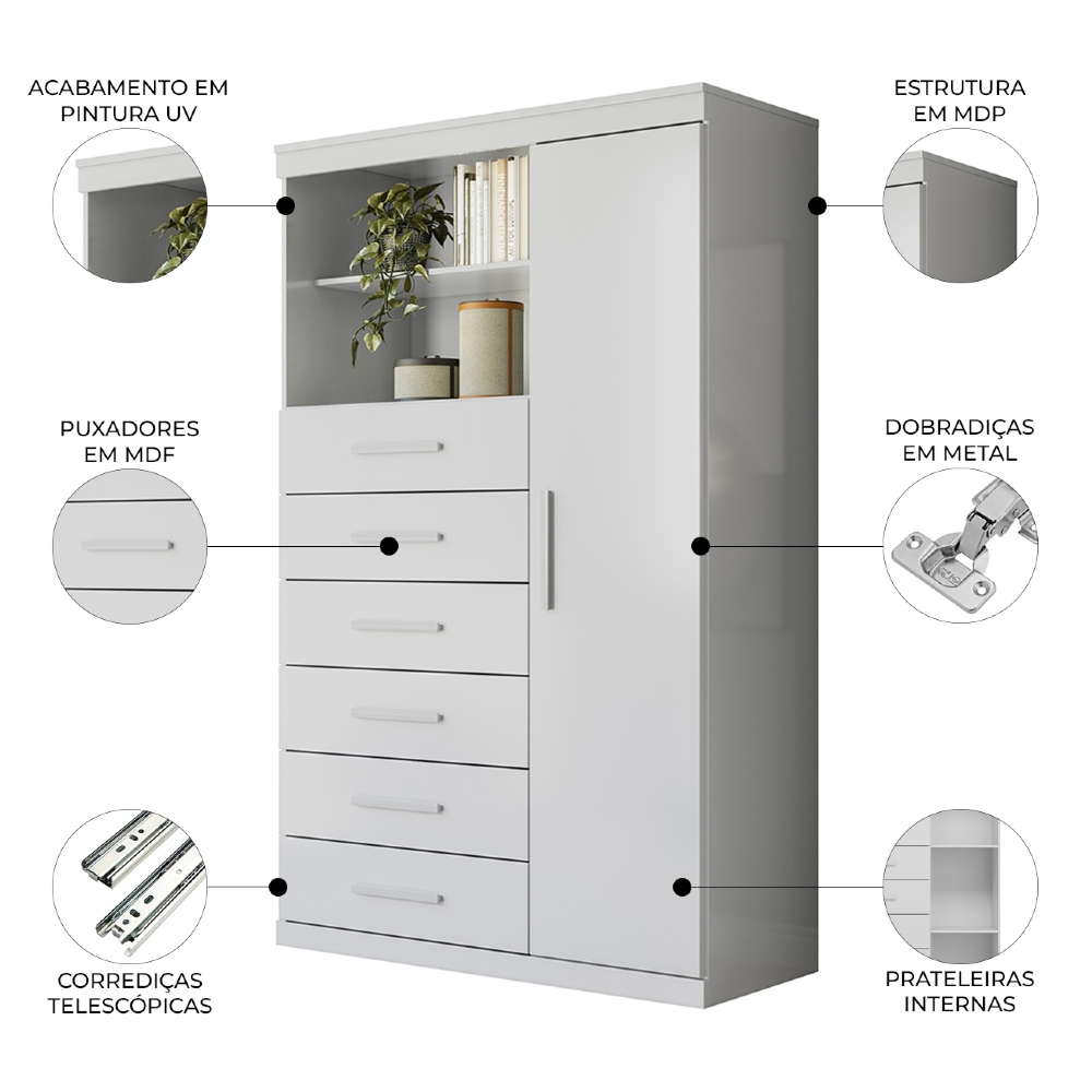 Cômoda Multiuso 6 Gavetas 1 Porta 96cm Guaíra Branco S01 - Mpozenato
