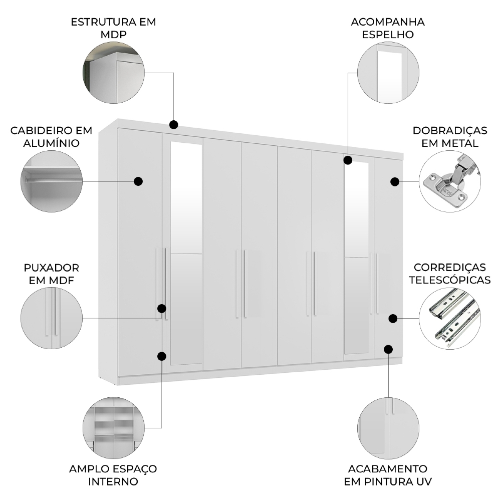 Guarda Roupa Casal 239cm 8 Portas 4 Gavetas Com Espelho Vortex Branco S01 - Mpozenato