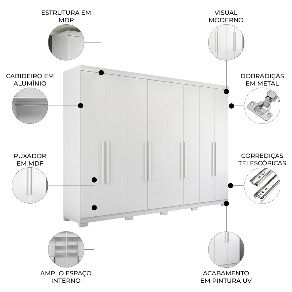 Guarda Roupa Casal 239cm 8 Portas 4 Gavetas Com Pés Vortex Branco S01 - Mpozenato