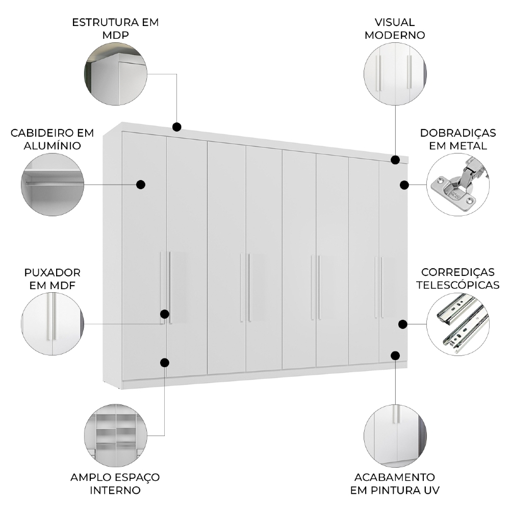 Guarda Roupa Casal 239cm 8 Portas 4 Gavetas Vortex Branco S01 - Mpozenato