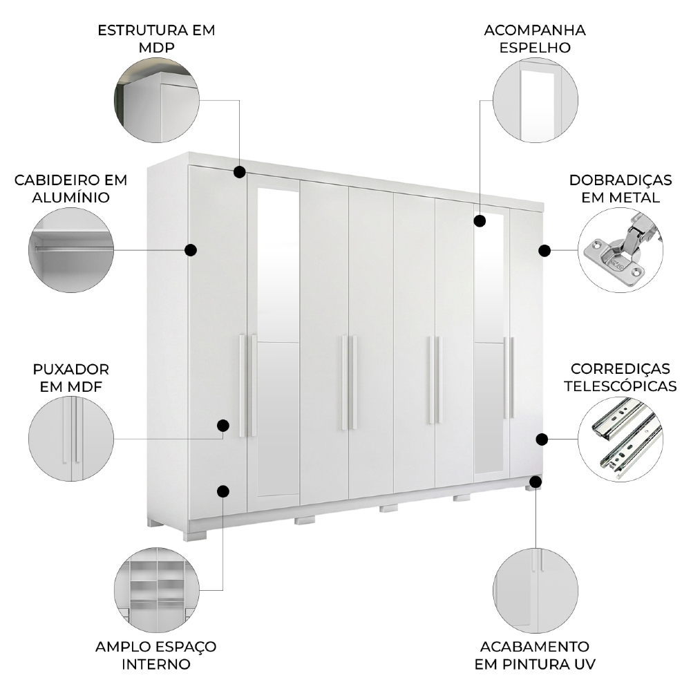 Guarda Roupa Casal 239cm 8 Portas Com Pés e Espelho Vortex Branco S01 - Mpozenato