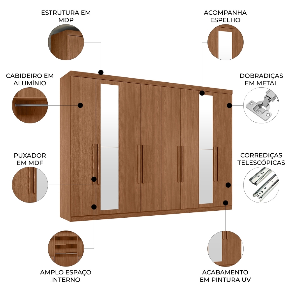 Guarda Roupa Casal 239cm 8 Portas 4 Gavetas Com Espelho Vortex Jatobá S01 - Mpozenato