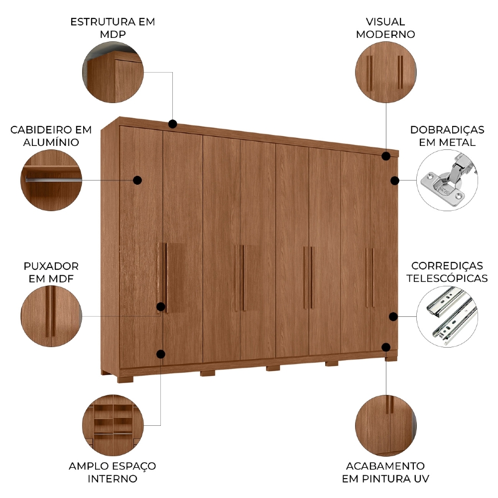 Guarda Roupa Casal 239cm 8 Portas 4 Gavetas Com Pés Vortex Jatobá S01 - Mpozenato