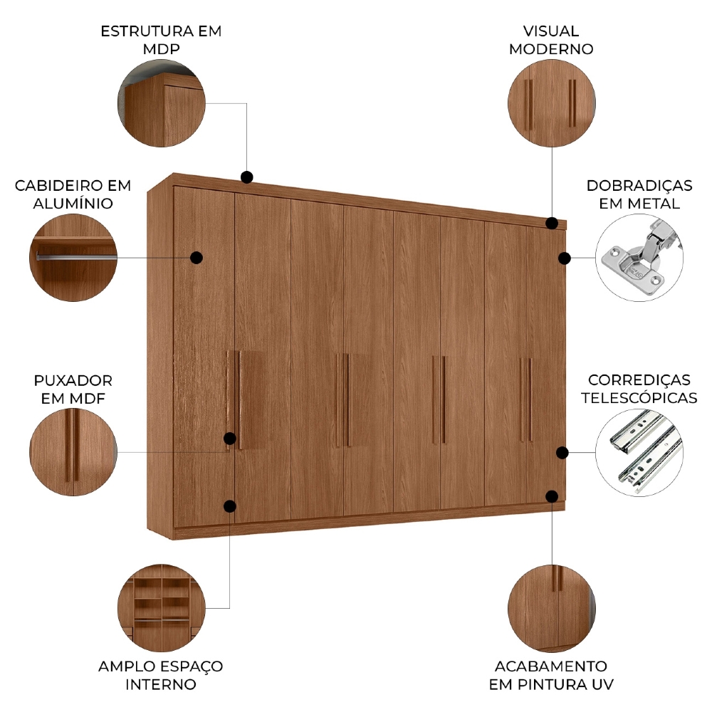 Guarda Roupa Casal 239cm 8 Portas 4 Gavetas Vortex Jatobá S01 - Mpozenato