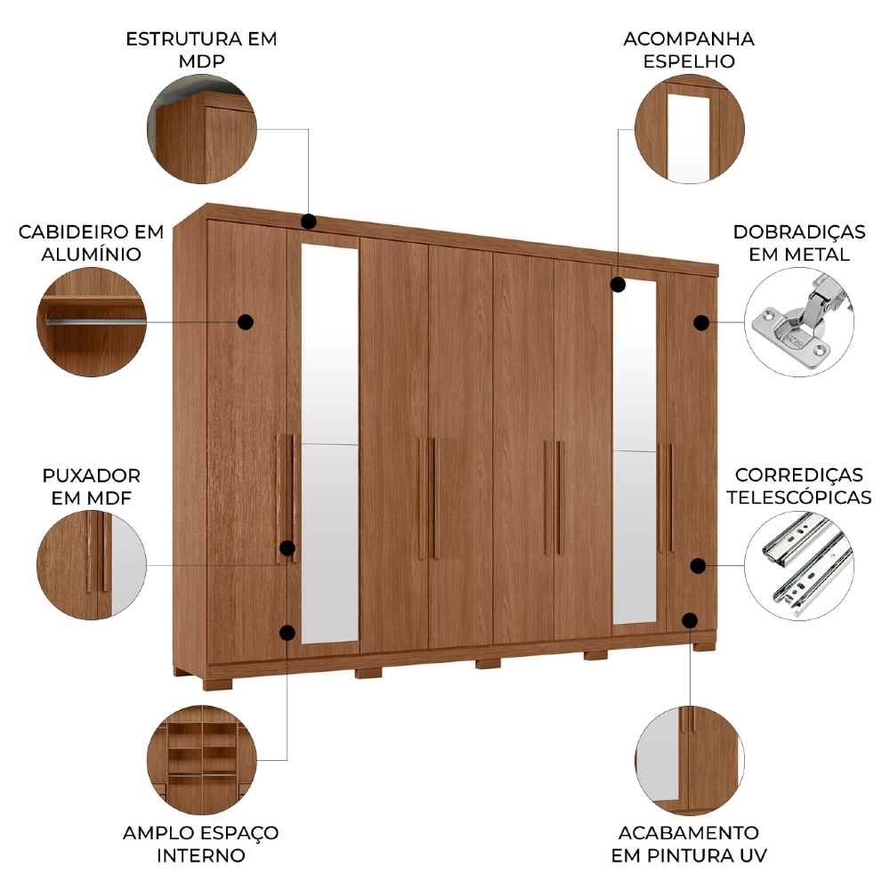 Guarda Roupa Casal 239cm 8 Portas Com Pés e Espelho Vortex Jatobá S01 - Mpozenato