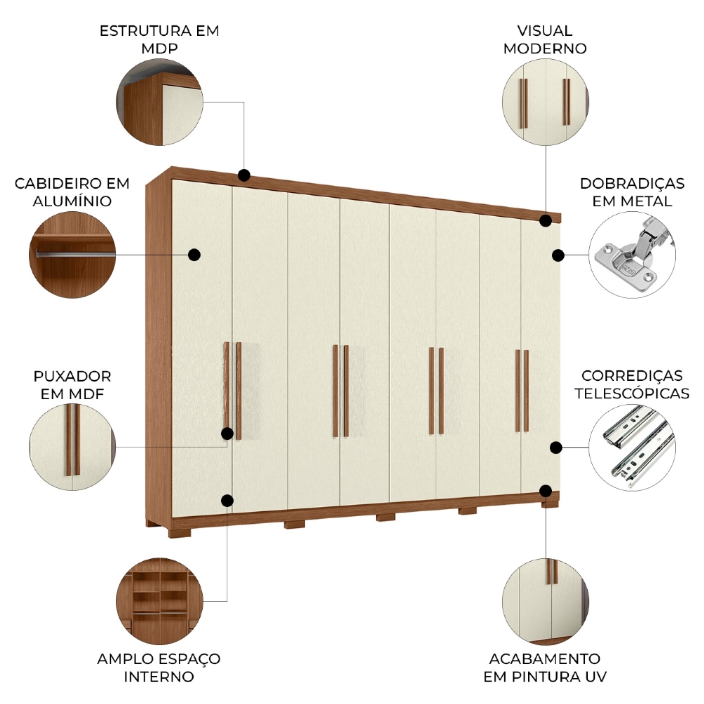 Guarda Roupa Casal 239cm 8 Portas 4 Gavetas Com Pés Vortex Jatobá/Areia S01 - Mpozenato