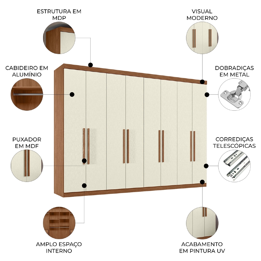 Guarda Roupa Casal 239cm 8 Portas 4 Gavetas Vortex Jatobá/Areia S01 - Mpozenato