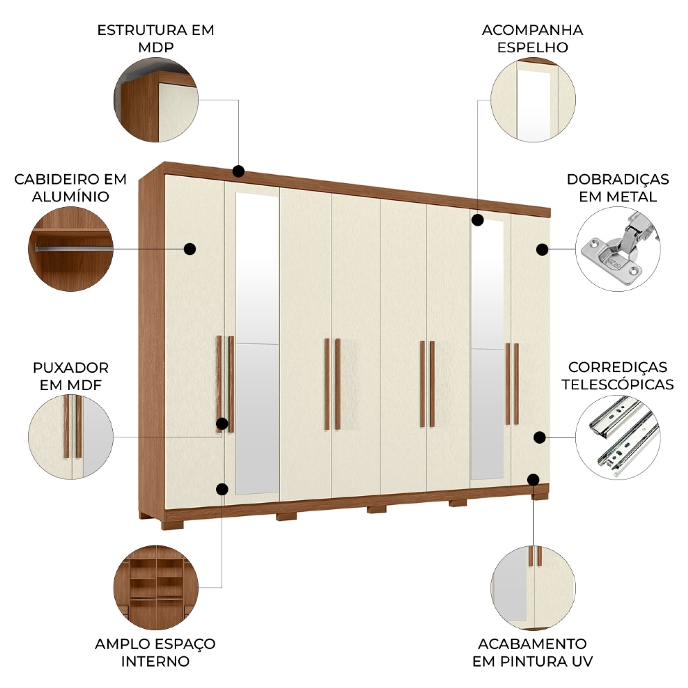 Guarda Roupa Casal 239cm 8 Portas Com Pés e Espelho Vortex Jatobá/Areia S01 - Mpozenato