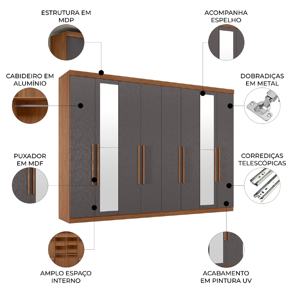 Guarda Roupa Casal 239cm 8 Portas 4 Gavetas Com Espelho Vortex Jatobá/Grafite S01 - Mpozenato