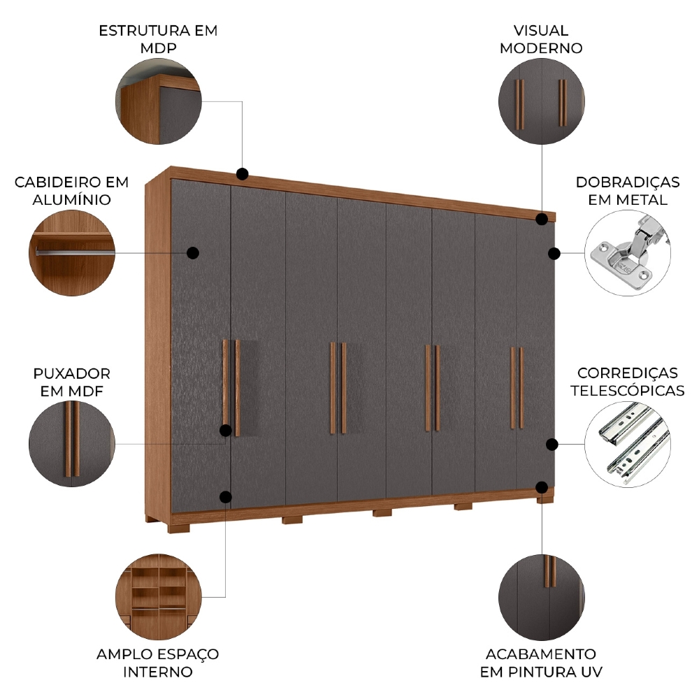 Guarda Roupa Casal 239cm 8 Portas 4 Gavetas Com Pés Vortex Jatobá/Grafite S01 - Mpozenato