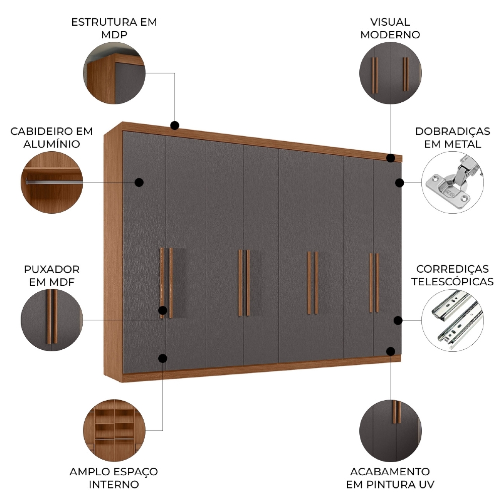 Guarda Roupa Casal 239cm 8 Portas 4 Gavetas Vortex Jatobá/Grafite S01 - Mpozenato
