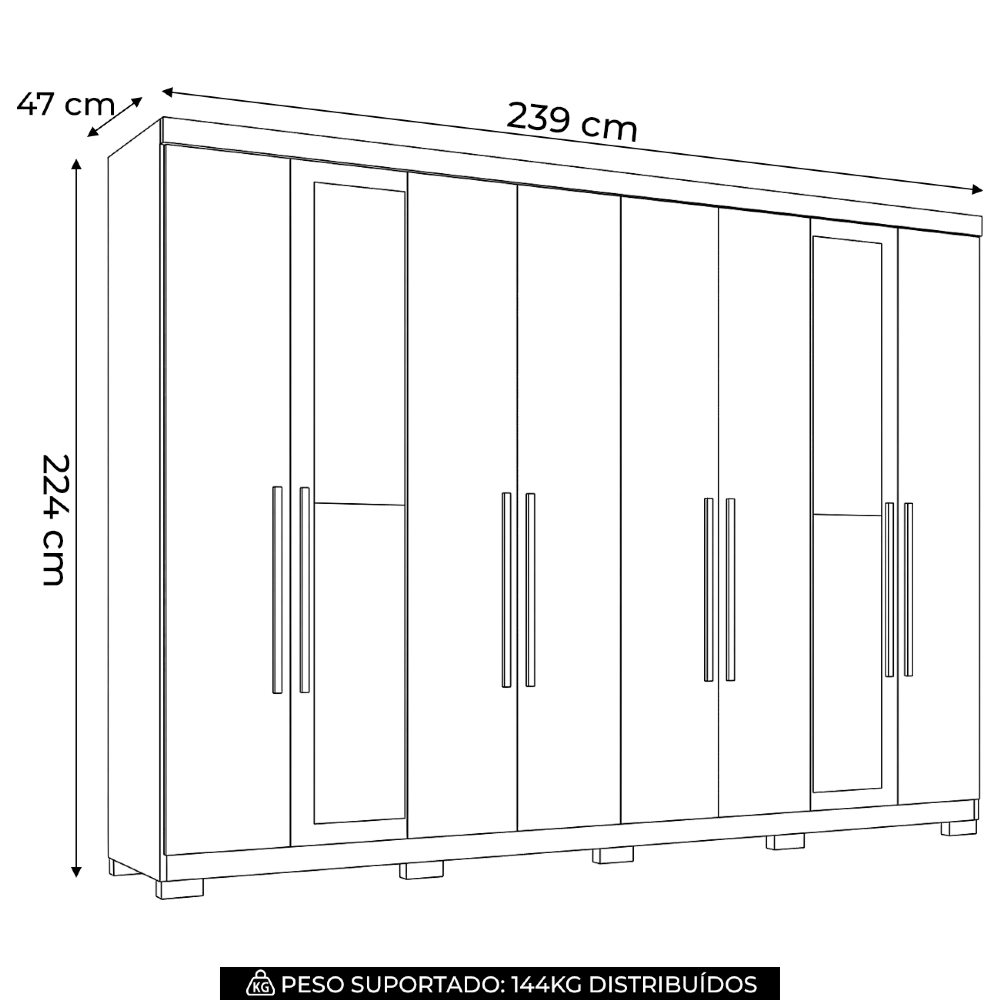 Guarda Roupa Casal 239cm 8 Portas Com Pés e Espelho Vortex Jatobá/Grafite S01 - Mpozenato
