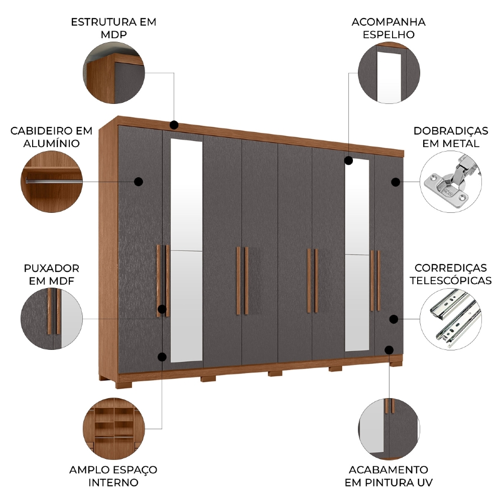 Guarda Roupa Casal 239cm 8 Portas Com Pés e Espelho Vortex Jatobá/Grafite S01 - Mpozenato