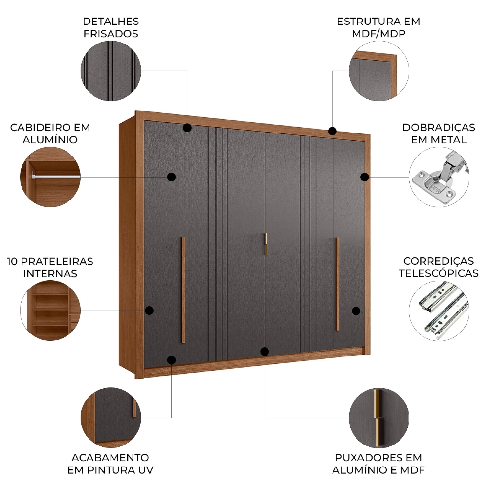 Guarda Roupa Casal 245cm 6 Portas Loretto Jatobá/Grafite S01 - Mpozenato