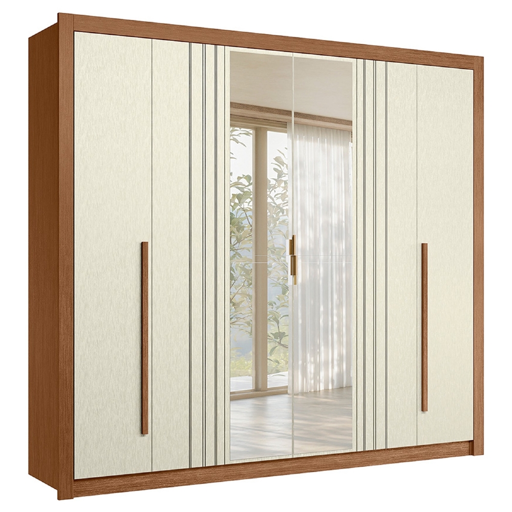 Guarda Roupa Casal 245cm 6 Portas Com Espelho Loretto Jatobá/Areia S01 - Mpozenato