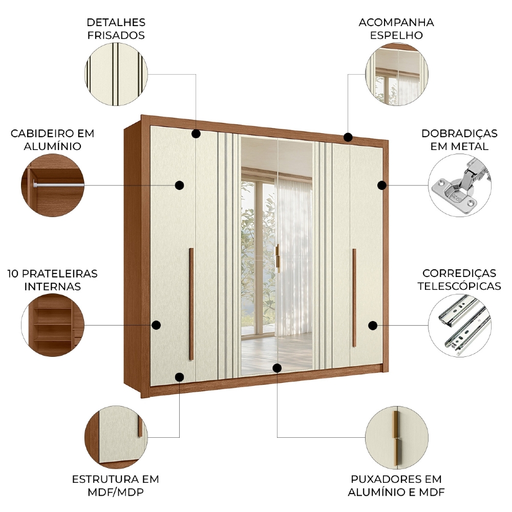 Guarda Roupa Casal 245cm 6 Portas Com Espelho Loretto Jatobá/Areia S01 - Mpozenato