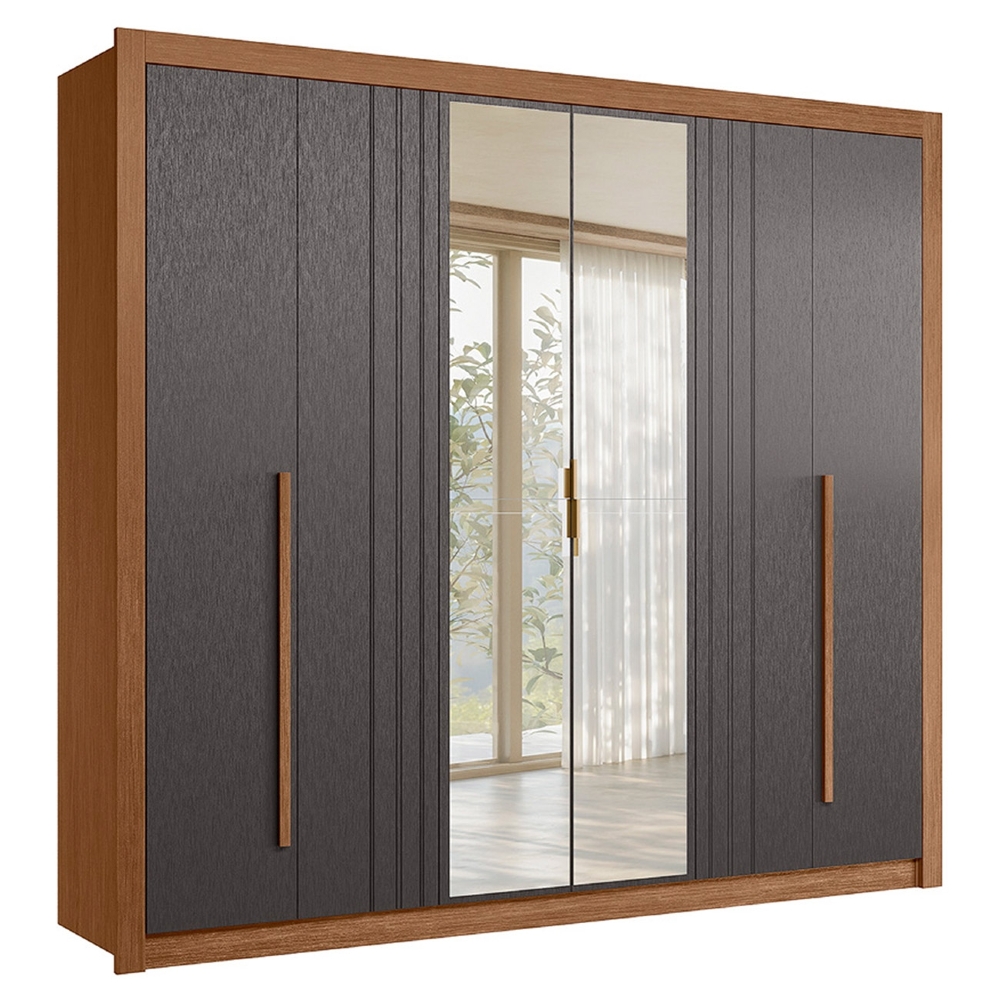 Guarda Roupa Casal 245cm 6 Portas Com Espelho Loretto Jatobá/Grafite S01 - Mpozenato