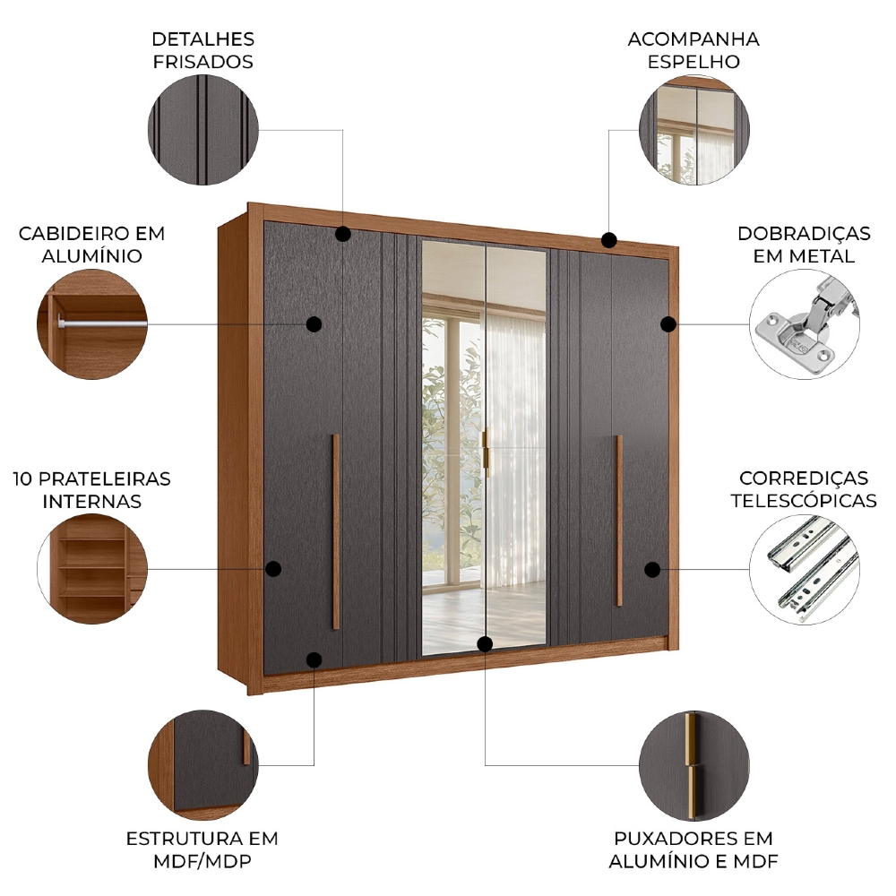 Guarda Roupa Casal 245cm 6 Portas Com Espelho Loretto Jatobá/Grafite S01 - Mpozenato