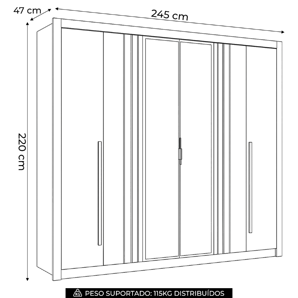 Guarda Roupa Casal 245cm 6 Portas Com Espelho Loretto Jatobá/Grafite S01 - Mpozenato