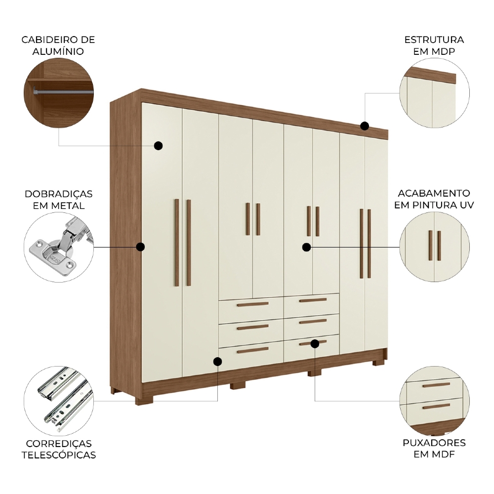 Guarda Roupa Casal 212cm 8 Portas 6 Gavetas Valenza Jatobá/Areia S01 - Mpozenato