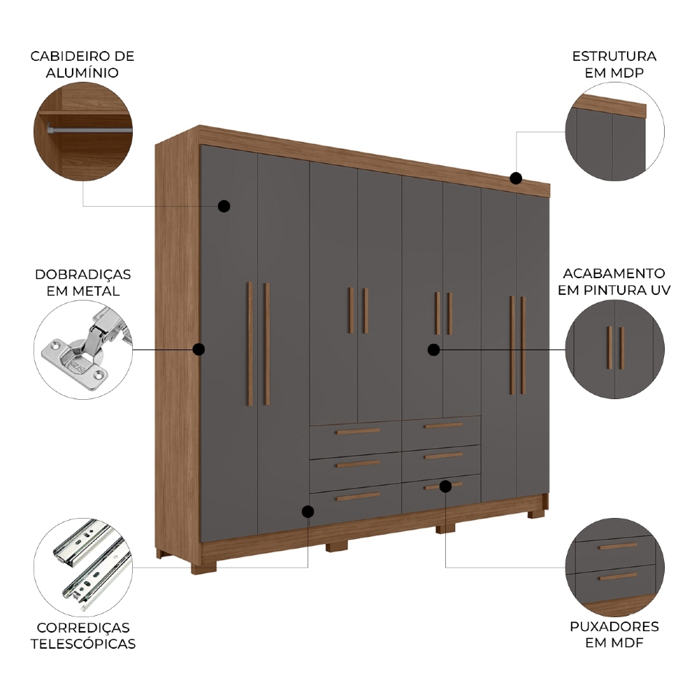 Guarda Roupa Casal 212cm 8 Portas 6 Gavetas Valenza Jatobá/Grafite S01 - Mpozenato