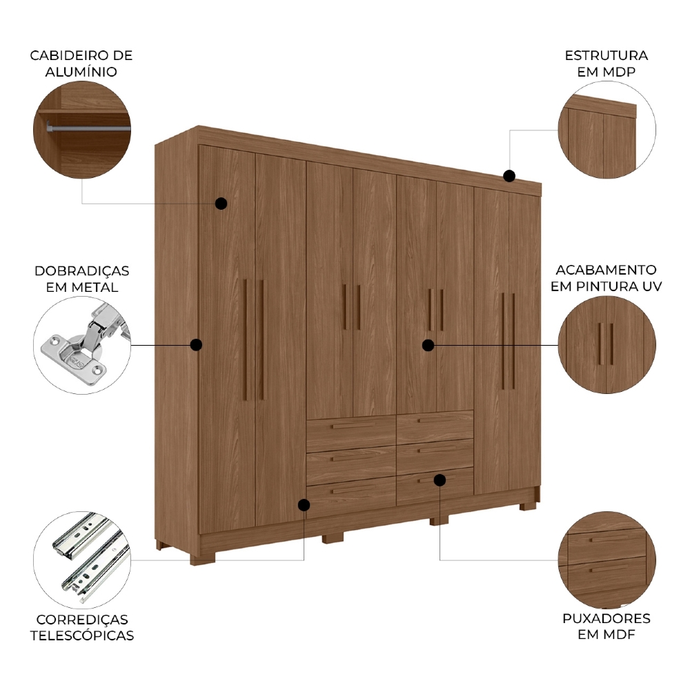 Guarda Roupa Casal 212cm 8 Portas 6 Gavetas Valenza Jatobá S01 - Mpozenato