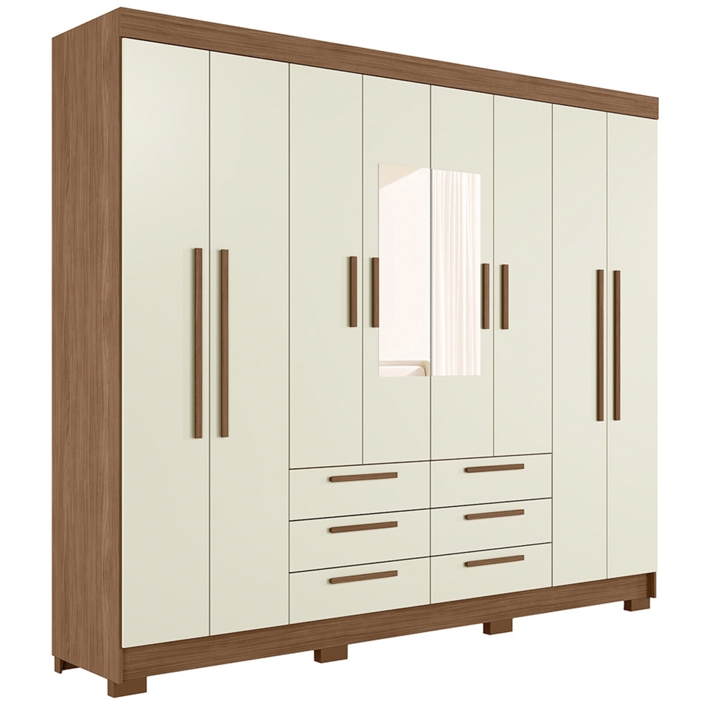 Guarda Roupa Casal 212cm 8 Portas Com Espelho Valenza Jatobá/Areia S01 - Mpozenato