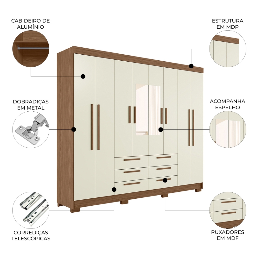 Guarda Roupa Casal 212cm 8 Portas Com Espelho Valenza Jatobá/Areia S01 - Mpozenato