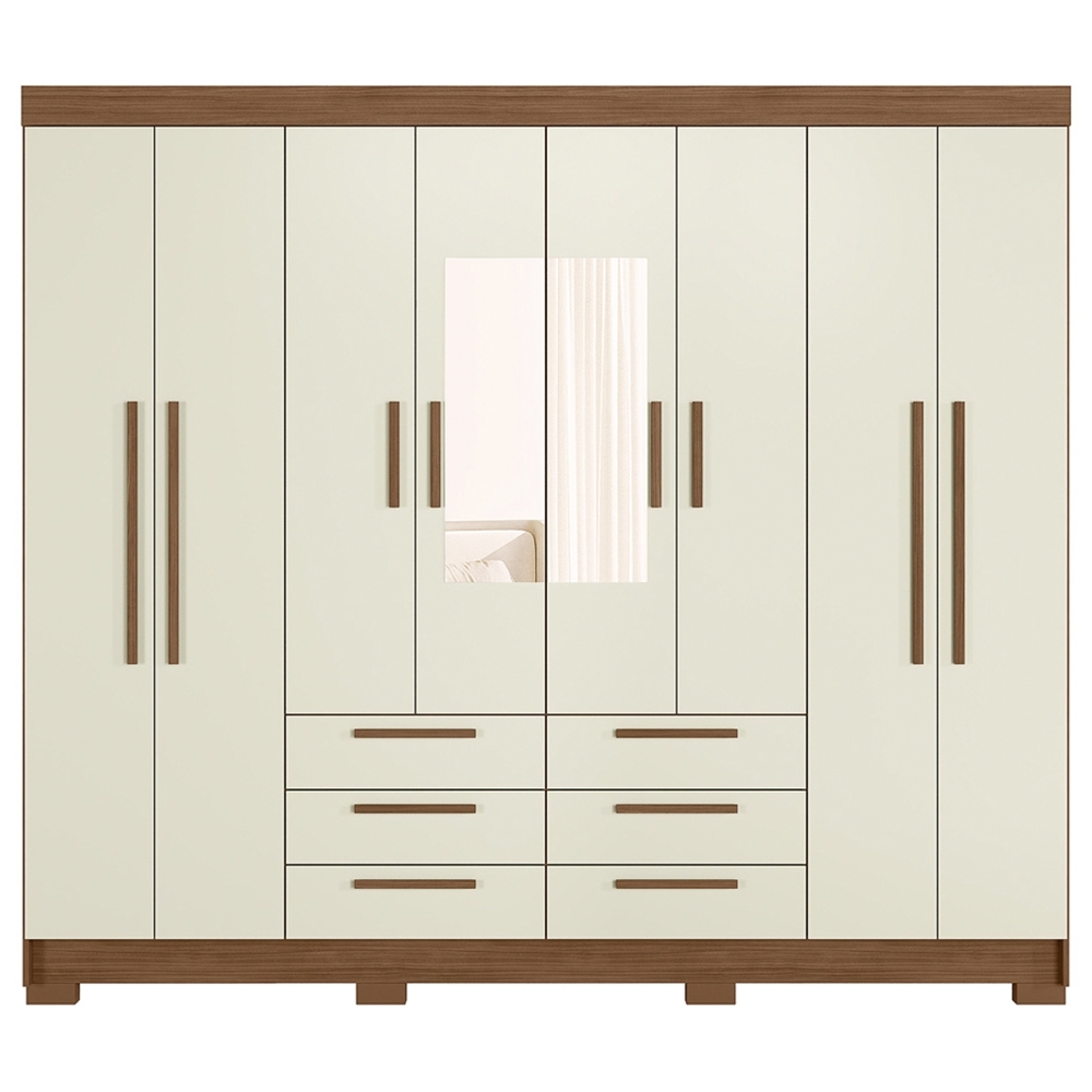 Guarda Roupa Casal 212cm 8 Portas Com Espelho Valenza Jatobá/Areia S01 - Mpozenato