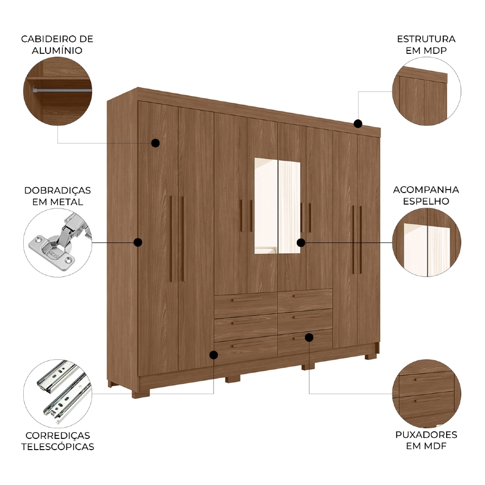 Guarda Roupa Casal 212cm 8 Portas Com Espelho Valenza Jatobá S01 - Mpozenato