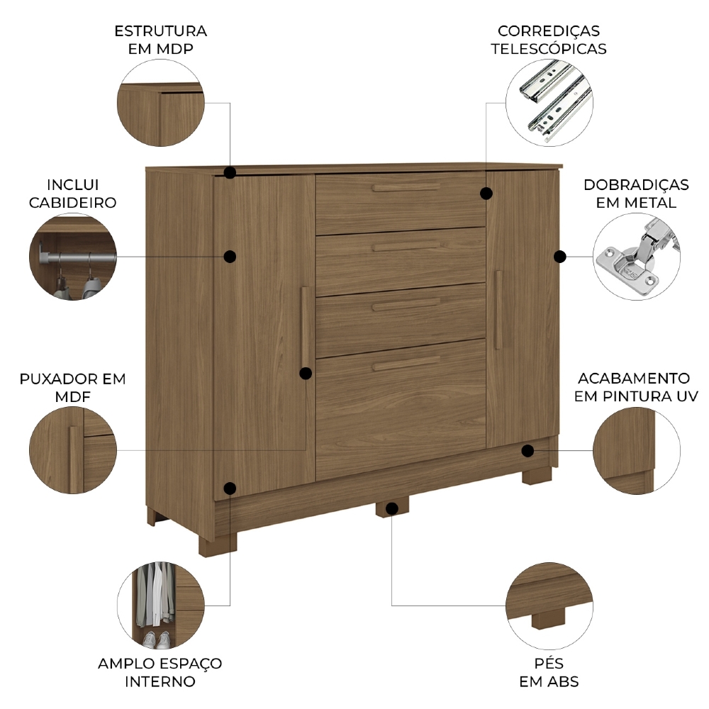 Cômoda Quarto 130cm 4 Gavetas 2 Portas Com Pés Castro Jatobá S01 - Mpozenato